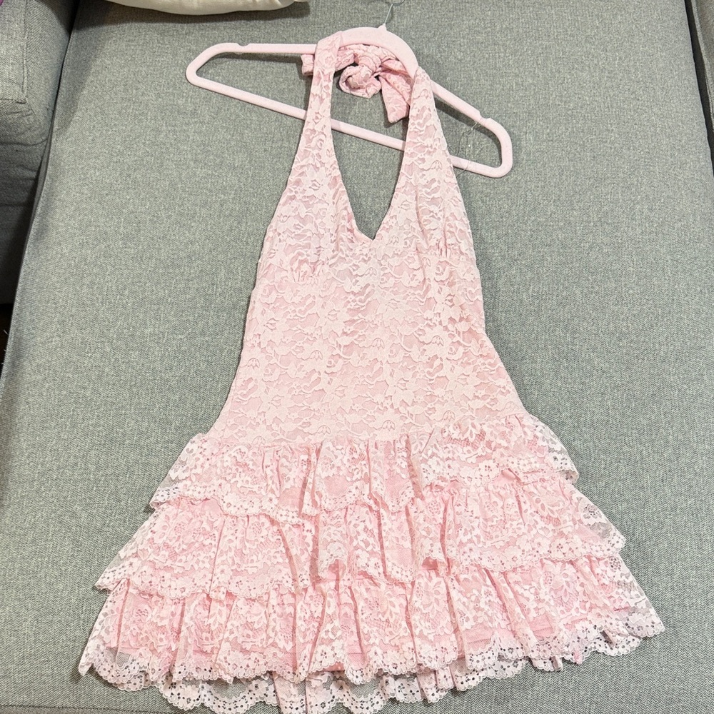 Windsor Ruffle Me Pink Lace Halter Mini Dress